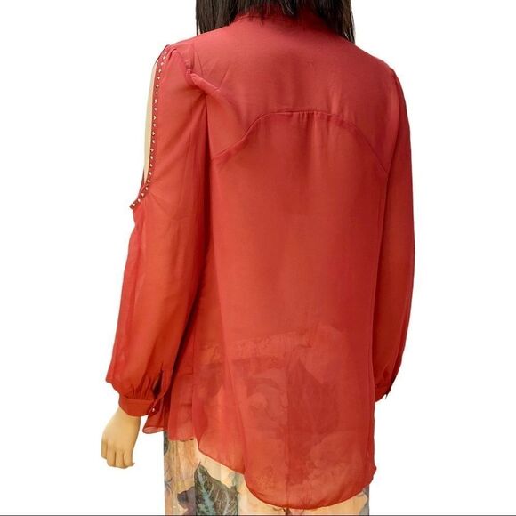 NEW Button Down Full Collar Long Spliced Studded Sleeves Shirt - Picture 3 of 4